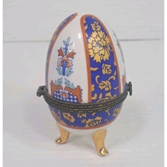 VTG Porcelain Blue Orange Gold Floral Hinged Footed Victorian Trinket Box 4" Egg - Picture 2 of 5